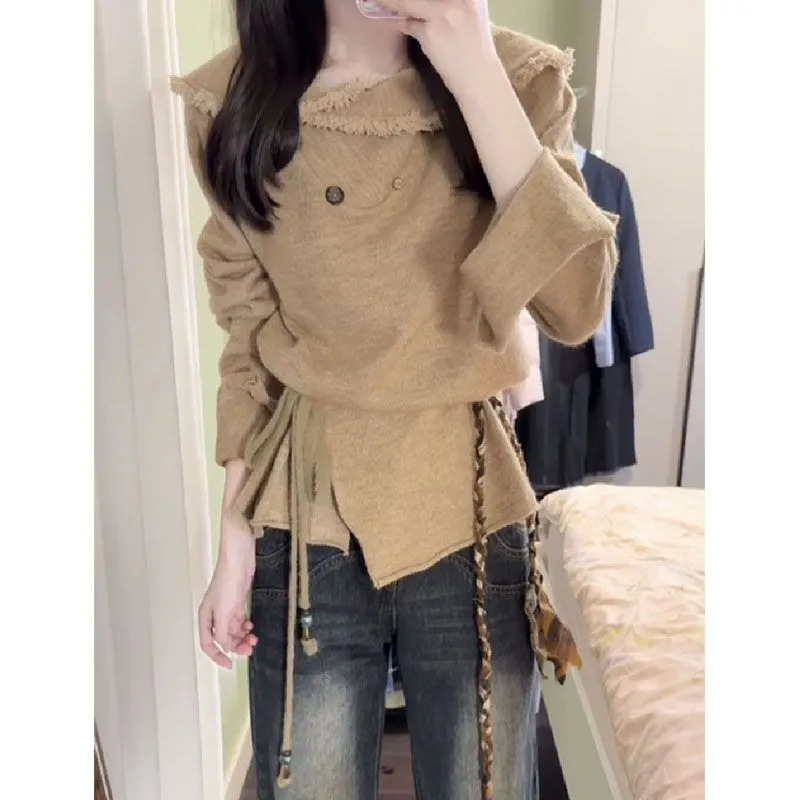 Ženski Chenille pleteni kardigan s V izrezom, resice na rubu, dugi rukavi, jednobojan, struk s vezom