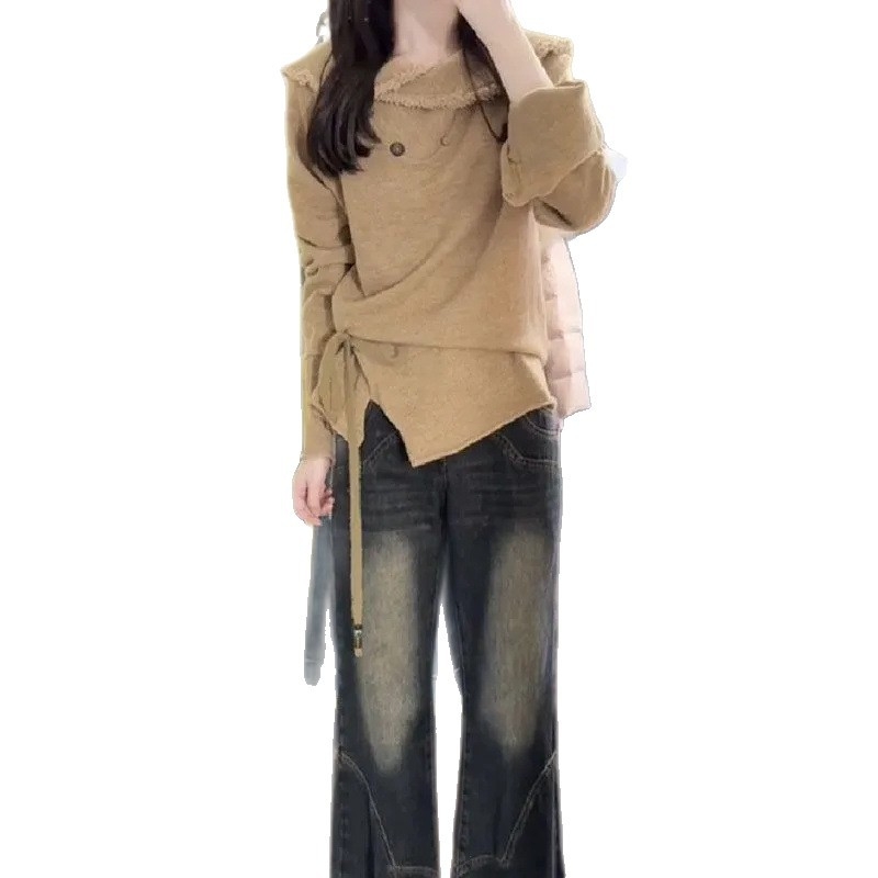 Ženski Chenille pleteni kardigan s V izrezom, resice na rubu, dugi rukavi, jednobojan, struk s vezom