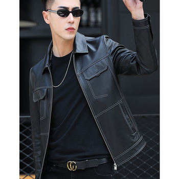 Ανδρικό δερμάτινο μπουφάν από γνήσιο δέρμα προβάτου, κοντό μήκος, γιακά τύπου πέτο, φερμουάρ, εφαρμοστό