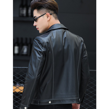 Ανδρικό δερμάτινο μπουφάν από γνήσιο δέρμα προβάτου, κοντό μήκος, γιακά τύπου πέτο, φερμουάρ, εφαρμοστό