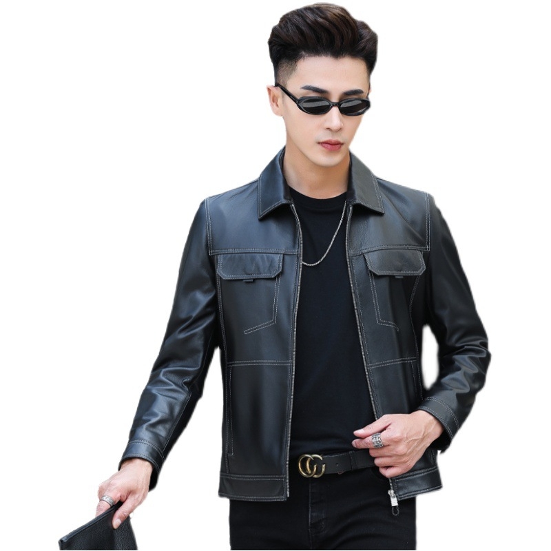 Ανδρικό δερμάτινο μπουφάν από γνήσιο δέρμα προβάτου, κοντό μήκος, γιακά τύπου πέτο, φερμουάρ, εφαρμοστό
