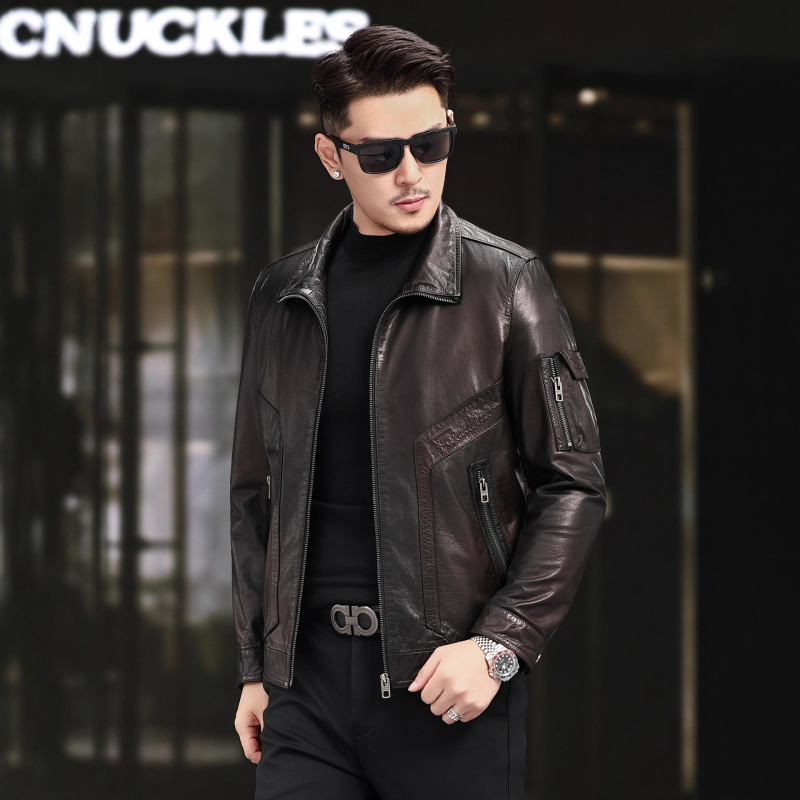 Δερμάτινο μπουφάν από αγελαδινό δέρμα – Αναδρομικό στυλ, γιακάς με ύψωση, φερμουάρ, κοντή γραμμή