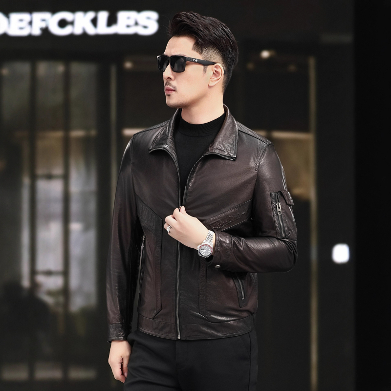 Δερμάτινο μπουφάν από αγελαδινό δέρμα – Αναδρομικό στυλ, γιακάς με ύψωση, φερμουάρ, κοντή γραμμή