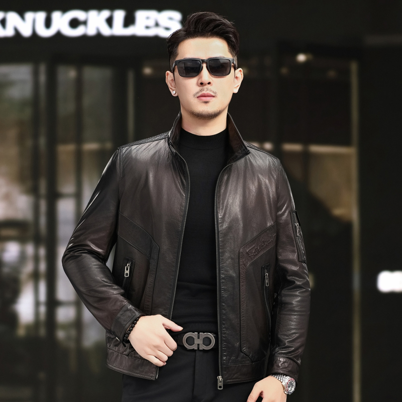 Δερμάτινο μπουφάν από αγελαδινό δέρμα – Αναδρομικό στυλ, γιακάς με ύψωση, φερμουάρ, κοντή γραμμή