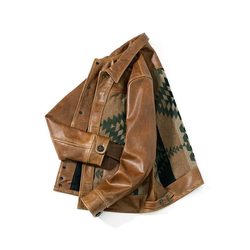 Muška kožna jakna od prave kože, Navajo stil, ovratnik s reverom, jednostruko kopčanje, kratka duljina, proljeće 2025