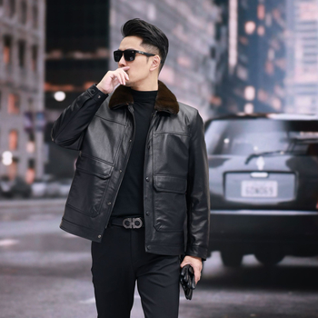 Muška kožna jakna od kravljeg kože, rever, zatvarač, životinjski uzorak, poliester podstava