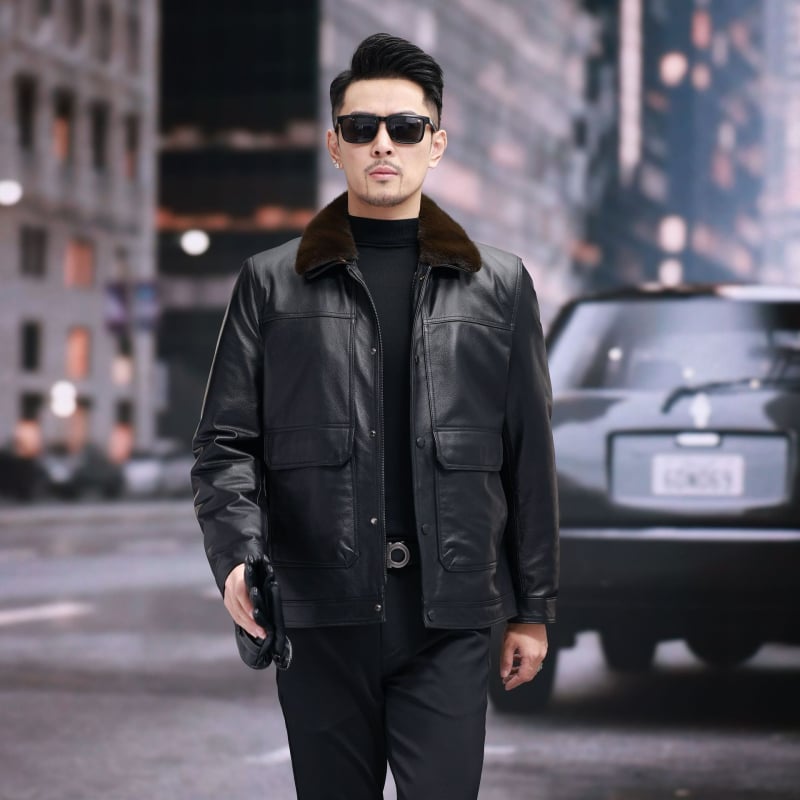 Muška kožna jakna od kravljeg kože, rever, zatvarač, životinjski uzorak, poliester podstava