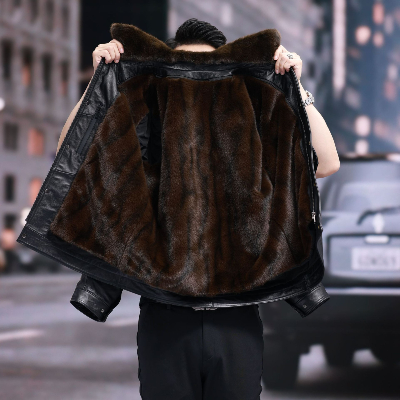 Muška kožna jakna od kravljeg kože, rever, zatvarač, životinjski uzorak, poliester podstava