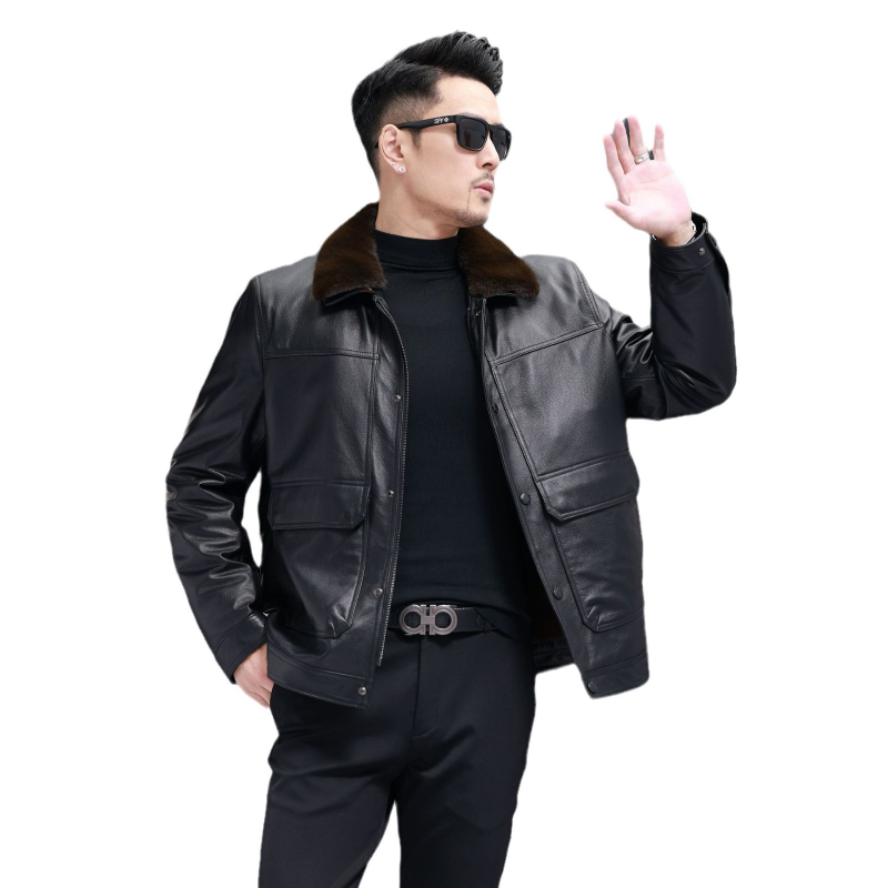 Muška kožna jakna od kravljeg kože, rever, zatvarač, životinjski uzorak, poliester podstava