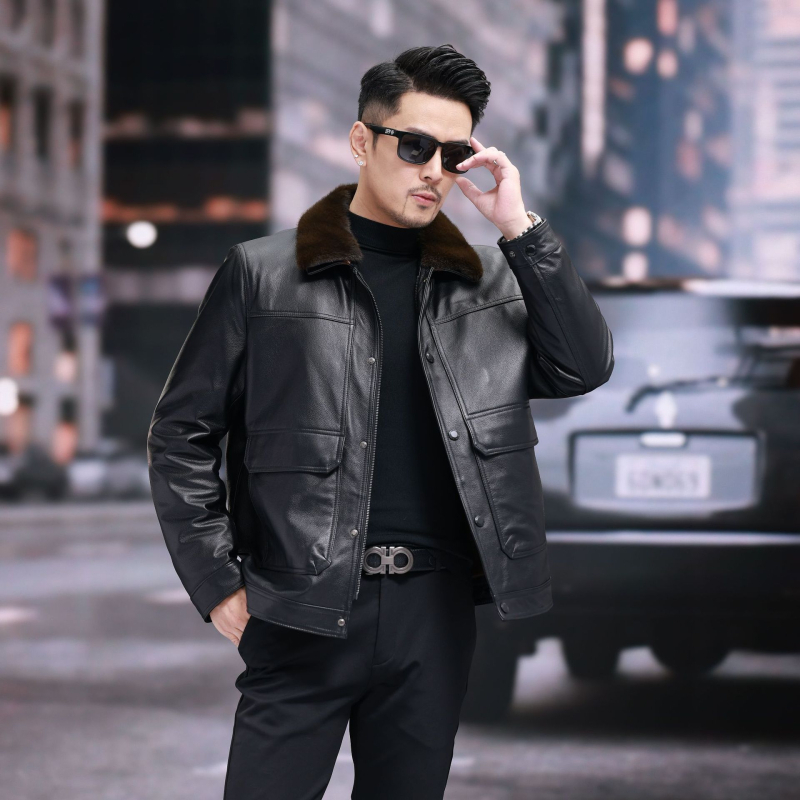 Muška kožna jakna od kravljeg kože, rever, zatvarač, životinjski uzorak, poliester podstava