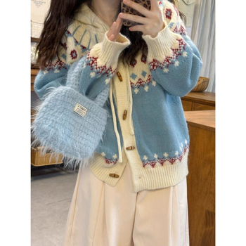 Ženski džemper-kabanica s kapuljom, geometrijski uzorak, srednja debljina, ležeran kroj, kardigan stil