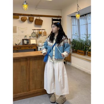 Ženski džemper-kabanica s kapuljom, geometrijski uzorak, srednja debljina, ležeran kroj, kardigan stil