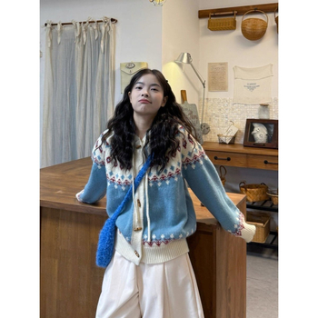 Ženski džemper-kabanica s kapuljom, geometrijski uzorak, srednja debljina, ležeran kroj, kardigan stil