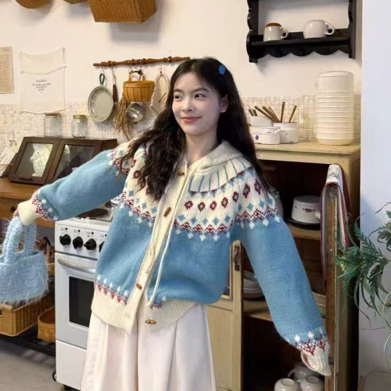 Ženski džemper-kabanica s kapuljom, geometrijski uzorak, srednja debljina, ležeran kroj, kardigan stil