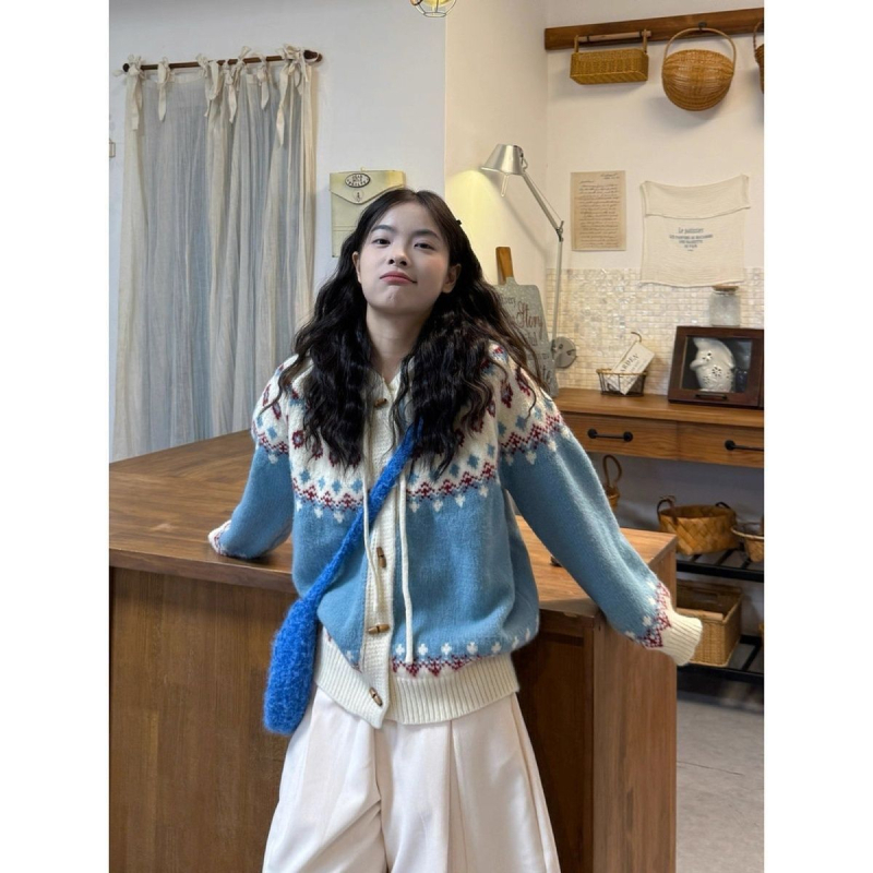 Ženski džemper-kabanica s kapuljom, geometrijski uzorak, srednja debljina, ležeran kroj, kardigan stil