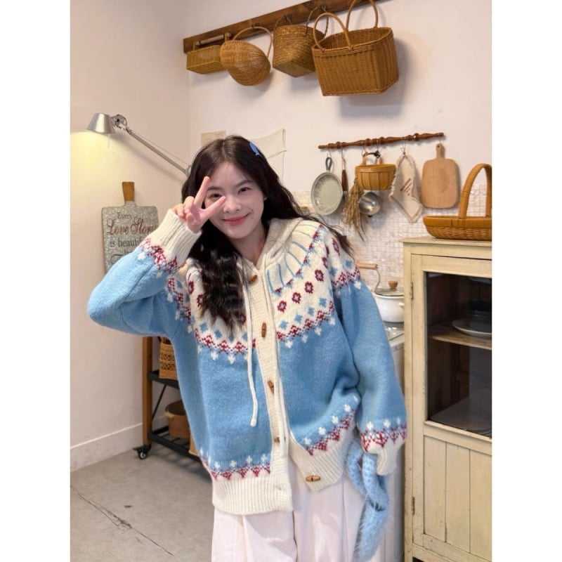 Ženski džemper-kabanica s kapuljom, geometrijski uzorak, srednja debljina, ležeran kroj, kardigan stil