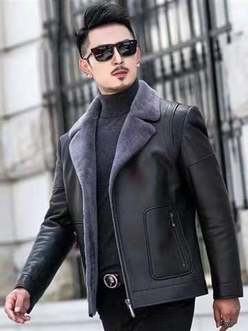 Zimska PU kožna jakna s krznom, muški slim fit, kratka duljina, ovratnik u stilu sakoa, zatvarač, bez kapuljače, casual stil