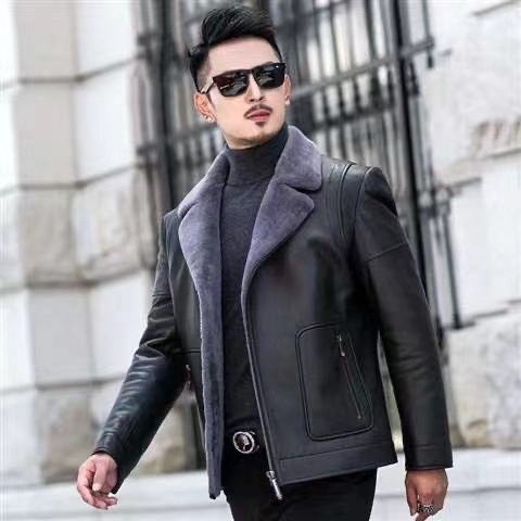 Zimska PU kožna jakna s krznom, muški slim fit, kratka duljina, ovratnik u stilu sakoa, zatvarač, bez kapuljače, casual stil