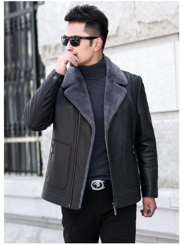 Zimska PU kožna jakna s krznom, muški slim fit, kratka duljina, ovratnik u stilu sakoa, zatvarač, bez kapuljače, casual stil