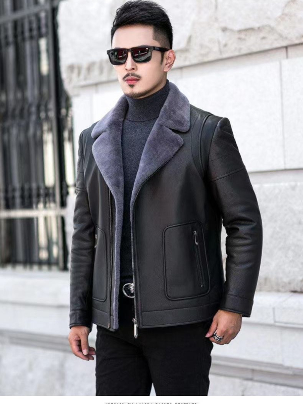 Zimska PU kožna jakna s krznom, muški slim fit, kratka duljina, ovratnik u stilu sakoa, zatvarač, bez kapuljače, casual stil