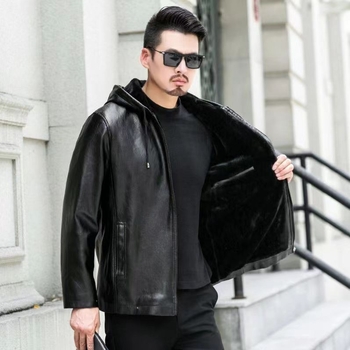 Muško PU kožno jakna s kapuljom i fleece podstavom, korejskog stila, zatvarač, standardna duljina 50–65 cm