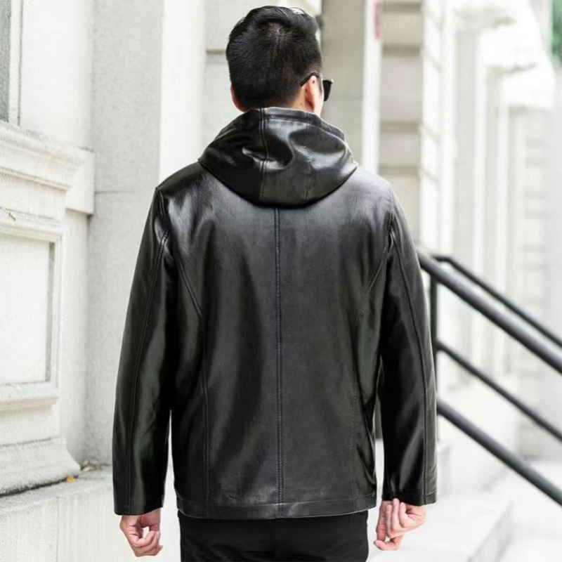 Muško PU kožno jakna s kapuljom i fleece podstavom, korejskog stila, zatvarač, standardna duljina 50–65 cm