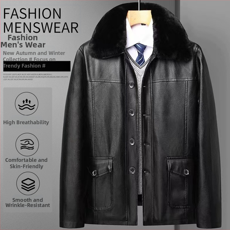 PU kožna jakna za muškarce srednje dobi – flis podstava, gradski stil, rever ovratnik, jednostrano kopčanje, patch džepovi, zima
