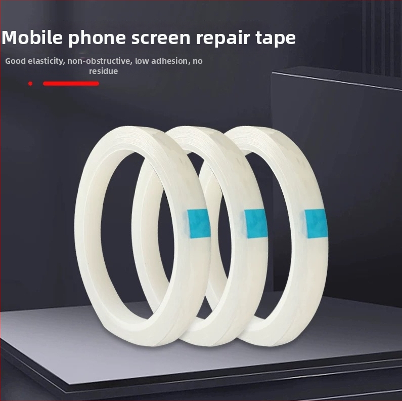 Páska na opravu obrazoviek pre mobily a tablety – oprava skresleného displeja, páska na upevnenie zadného krytu rámu (Základný materiál: PET; Hrúbka: 0,055 mm; Systém lepidla: akrylový; Jadro: gumové jadro; Viskozita: vysoká)
