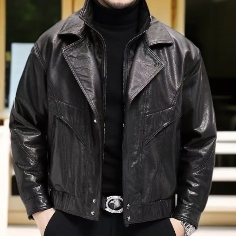 Kožna jakna od ovčje kože, fleece podstava, ovratnik s klopom, zatvarač, ultra kratka duljina, muški gradski stil, zima 2025