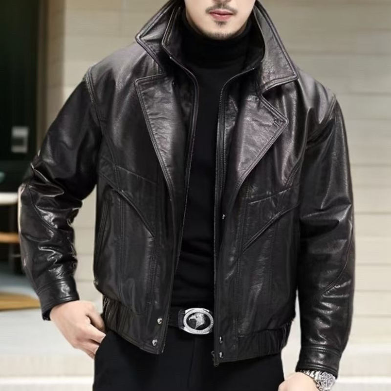 Kožna jakna od ovčje kože, fleece podstava, ovratnik s klopom, zatvarač, ultra kratka duljina, muški gradski stil, zima 2025