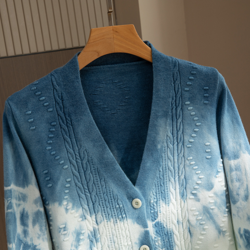 Kardigan od pamuka s tie-dye uzorkom i V-izrezom, dugi rukavi, 50–70% pamuk, bez glačanja, za jesen-zimu
