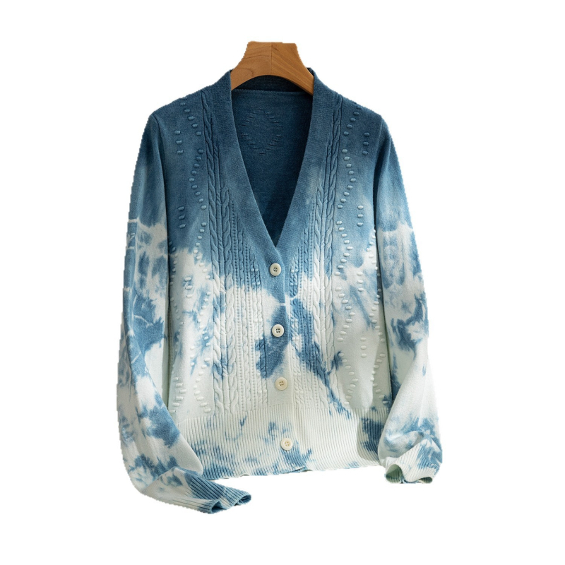 Kardigan od pamuka s tie-dye uzorkom i V-izrezom, dugi rukavi, 50–70% pamuk, bez glačanja, za jesen-zimu