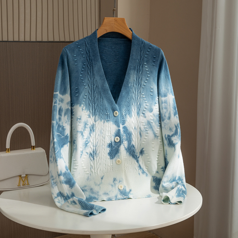 Kardigan od pamuka s tie-dye uzorkom i V-izrezom, dugi rukavi, 50–70% pamuk, bez glačanja, za jesen-zimu
