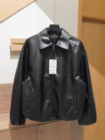 PU kožna jakna s reverom, zip zatvarač, slobodan kroj, više džepova