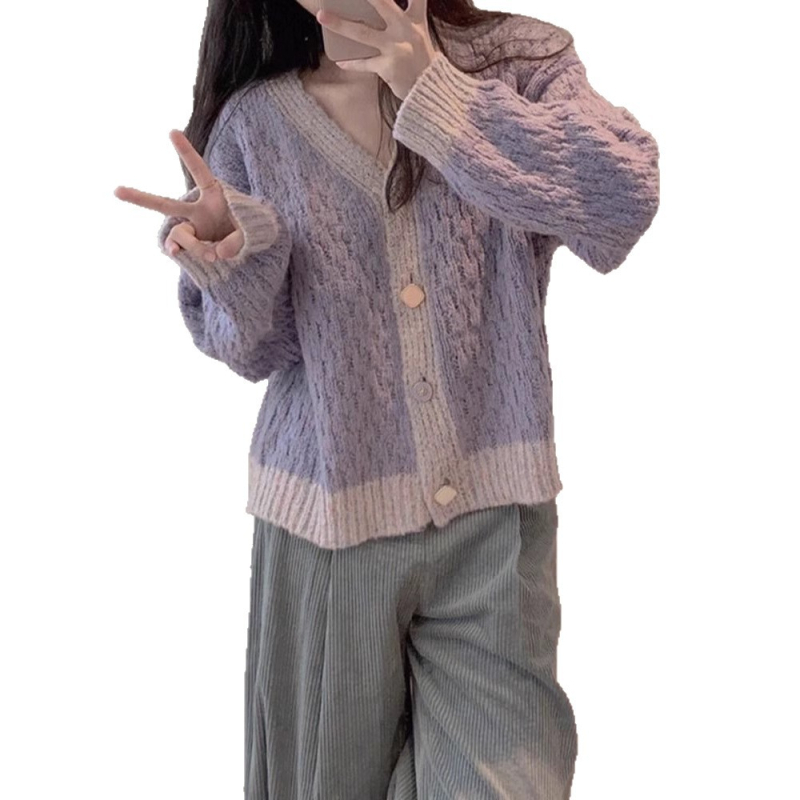 Kardigan od smjese vune s V-izrezom, blok-motivi, široki kroj, dugi rukavi