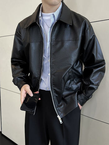 PU kožna jakna s dvostrukim zatvaračem i dizajnom podstavljenih ramena, muški vintage stil.
