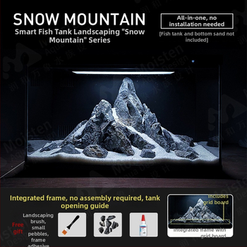 Desktopni akvarij s krajobraznim dizajnom — snježni planinski kraj, integrirani potok, prirodni materijali