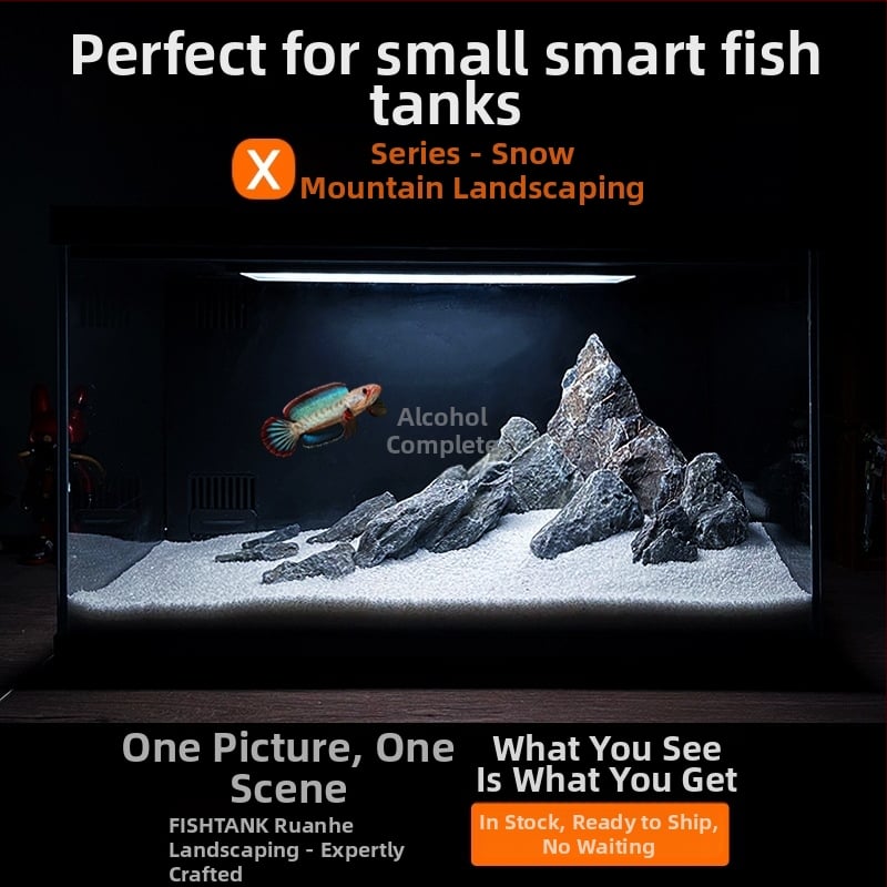 Desktopni akvarij s krajobraznim dizajnom — snježni planinski kraj, integrirani potok, prirodni materijali