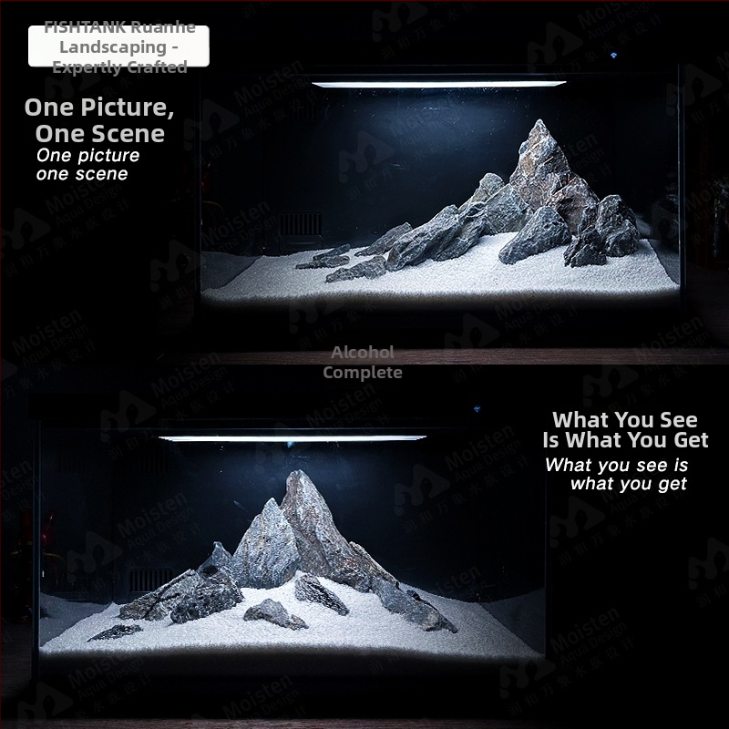 Desktopni akvarij s krajobraznim dizajnom — snježni planinski kraj, integrirani potok, prirodni materijali