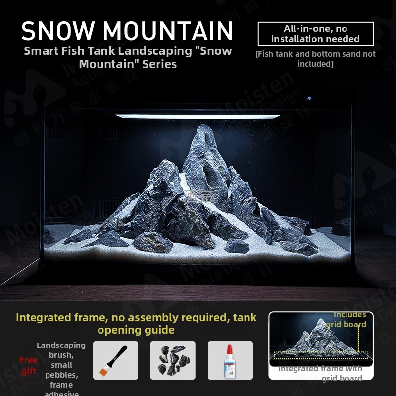Desktopni akvarij s krajobraznim dizajnom — snježni planinski kraj, integrirani potok, prirodni materijali