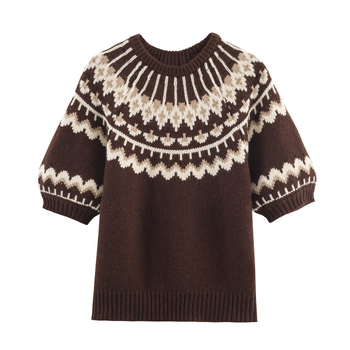 Jacquard pleteni pulover s kapuljom, poluturtleneck, 3/4 rukavi, kratka duljina, poliester-akrilna smjesa