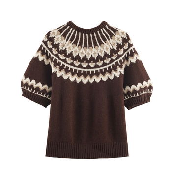 Jacquard pleteni pulover s kapuljom, poluturtleneck, 3/4 rukavi, kratka duljina, poliester-akrilna smjesa