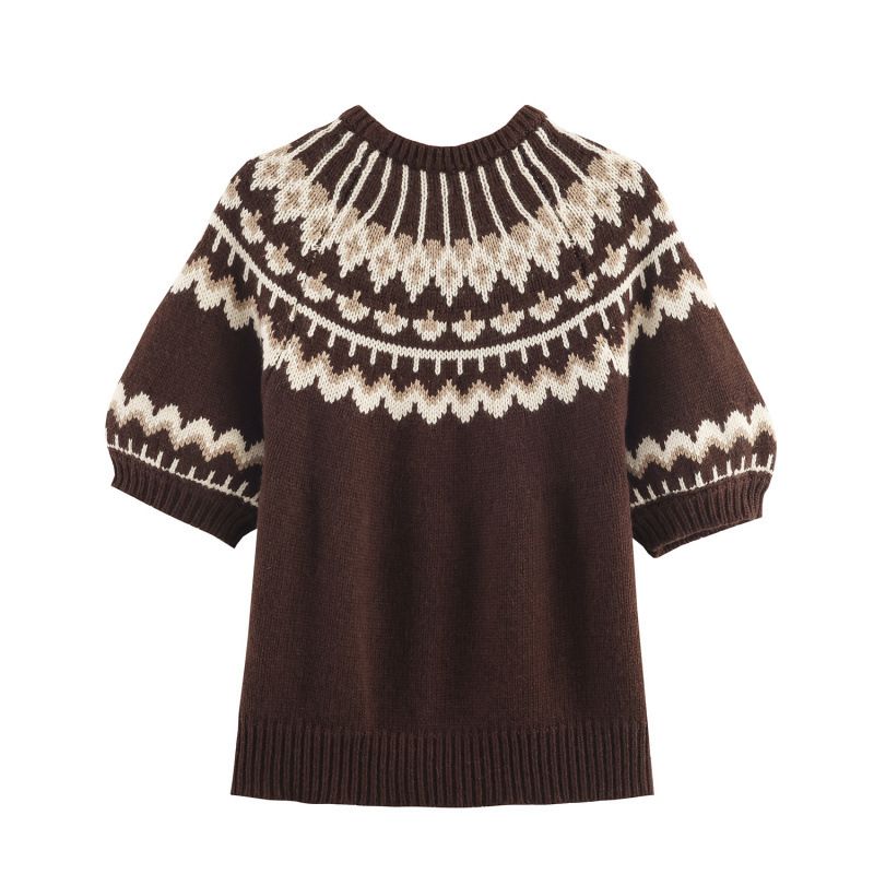 Jacquard pleteni pulover s kapuljom, poluturtleneck, 3/4 rukavi, kratka duljina, poliester-akrilna smjesa