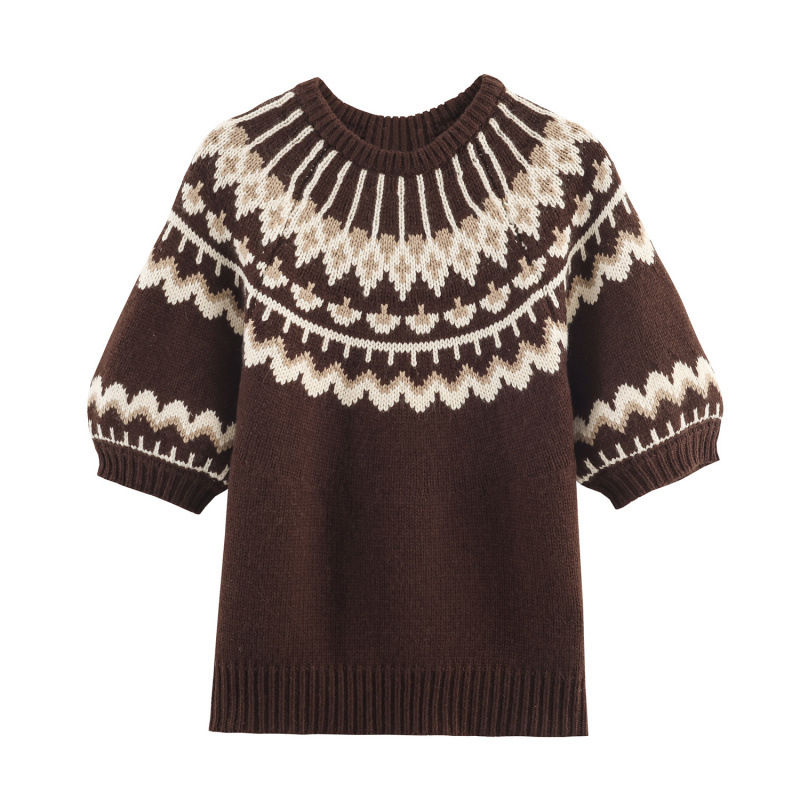 Jacquard pleteni pulover s kapuljom, poluturtleneck, 3/4 rukavi, kratka duljina, poliester-akrilna smjesa