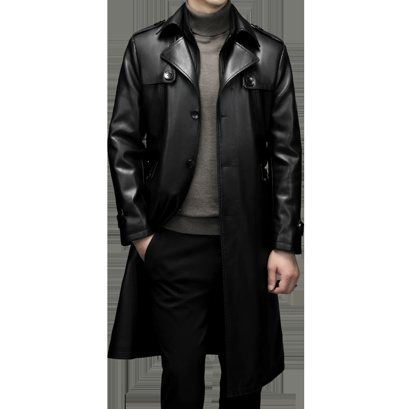 Muška PU kožna jakna, dugačak kroj, punk stil, dvostruki ovratnik, zatvarač