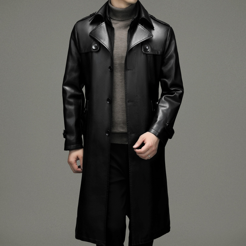 Muška PU kožna jakna, dugačak kroj, punk stil, dvostruki ovratnik, zatvarač