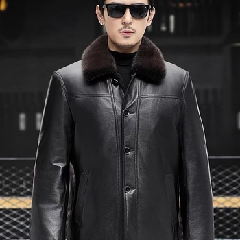 Ανδρικό μπουφάν από γνήσιο δέρμα βοδιού, μεσαίου μήκους, χαλαρή γραμμή, κλείσιμο με φερμουάρ, επένδυση από ακέτα