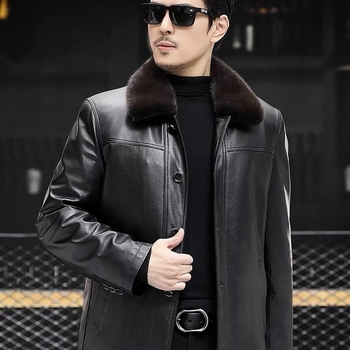 Ανδρικό μπουφάν από γνήσιο δέρμα βοδιού, μεσαίου μήκους, χαλαρή γραμμή, κλείσιμο με φερμουάρ, επένδυση από ακέτα