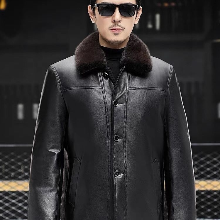 Ανδρικό μπουφάν από γνήσιο δέρμα βοδιού, μεσαίου μήκους, χαλαρή γραμμή, κλείσιμο με φερμουάρ, επένδυση από ακέτα