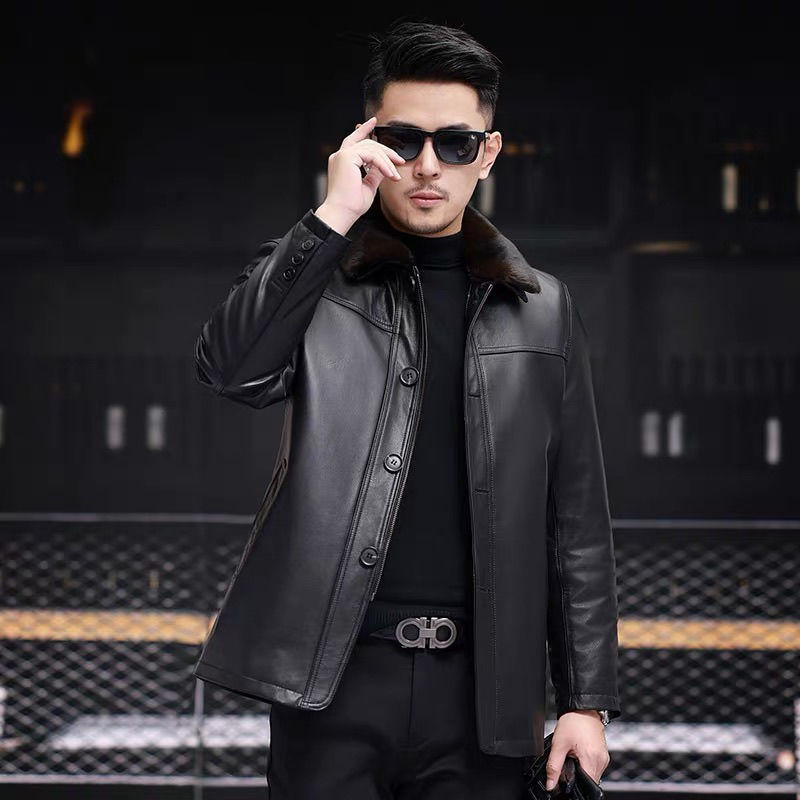 Ανδρικό μπουφάν από γνήσιο δέρμα βοδιού, μεσαίου μήκους, χαλαρή γραμμή, κλείσιμο με φερμουάρ, επένδυση από ακέτα